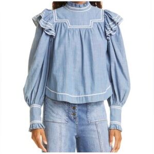 Ulla Johnson Ester Chambray Blue Ruffled Blouse with velvet trim